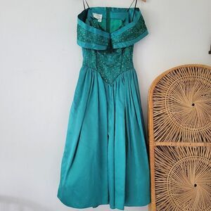 Gunne Sax Jessica McClintock Emerald Green Off Shoulder Prom Gown 80s Vintage 6
